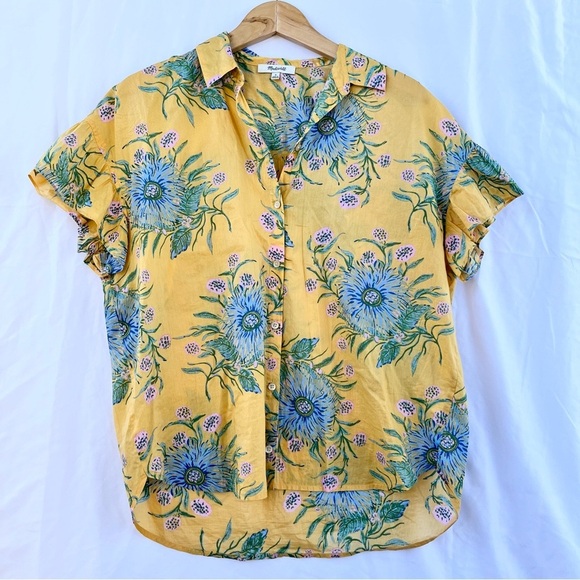 MADEWELL | RUFFLE SLEEVE BUTTON DOWN SHIRT PAINTED BLOOMS VAN GREEK GOLD MEDIUM - Picture 6 of 9